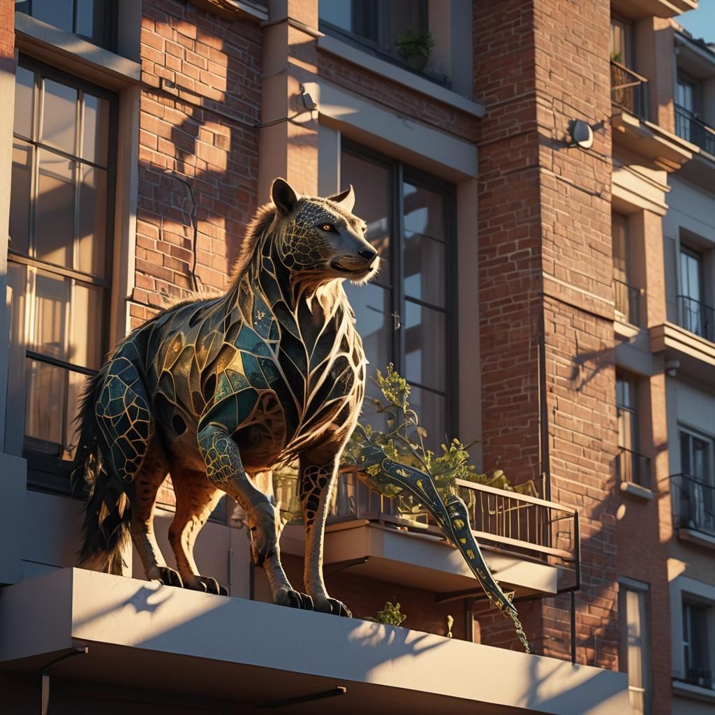 Fractal Animal on Balcony in Hyperrealistic Style