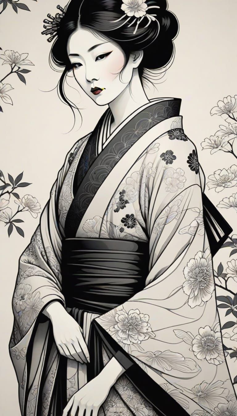 Geisha in Kimono: Aubrey Beardsley Style Illustration