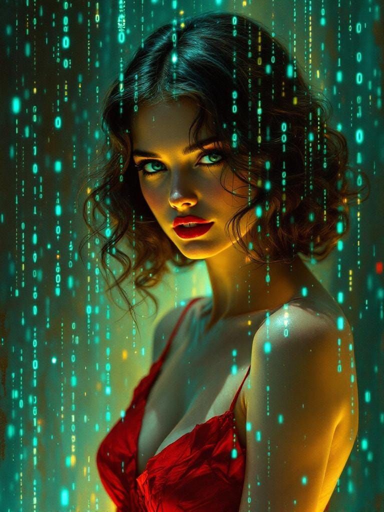 Cyberpunk Code Matrix Rain in Impressionistic Style