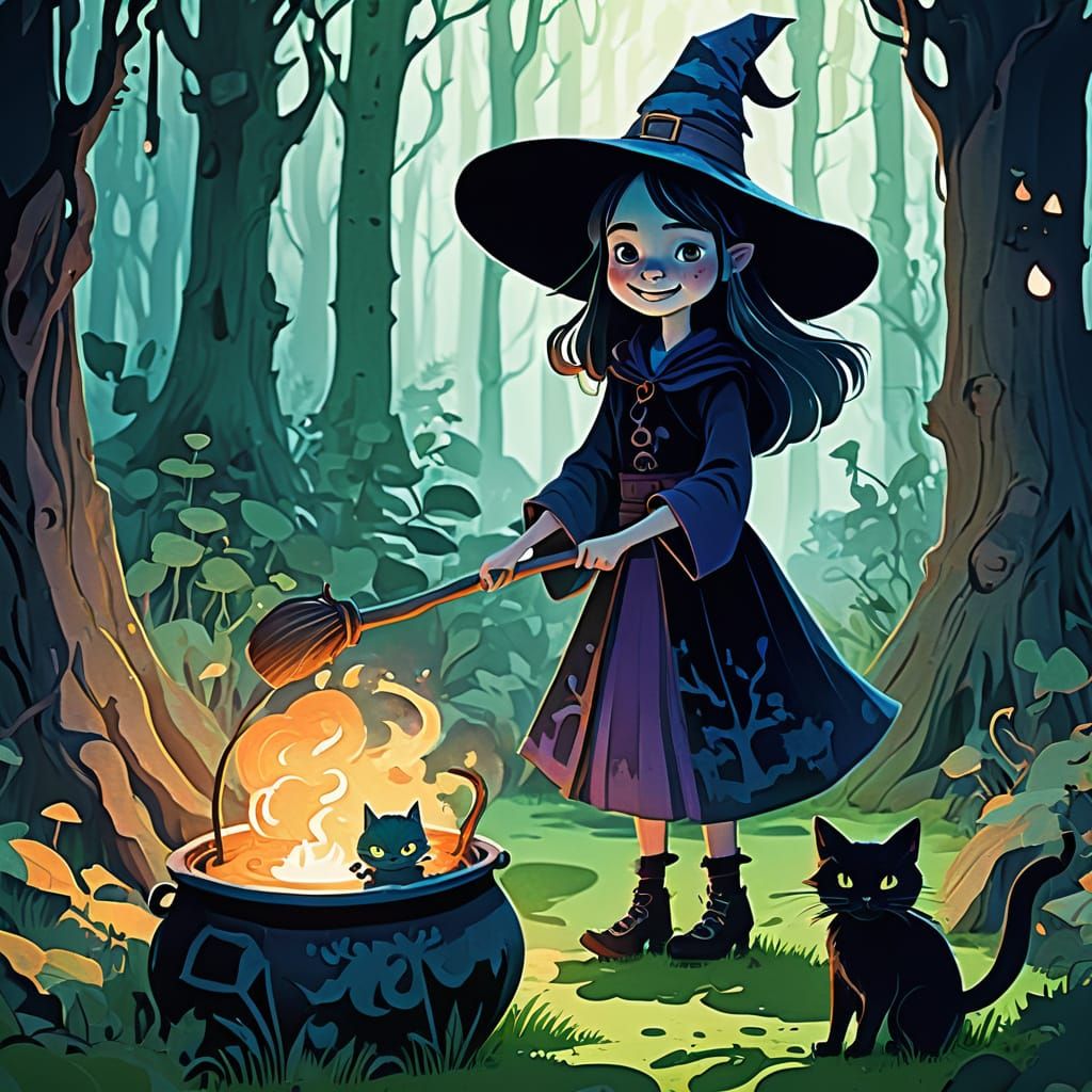 Mischievous Witch Tends Cauldron in Enchanted Grove