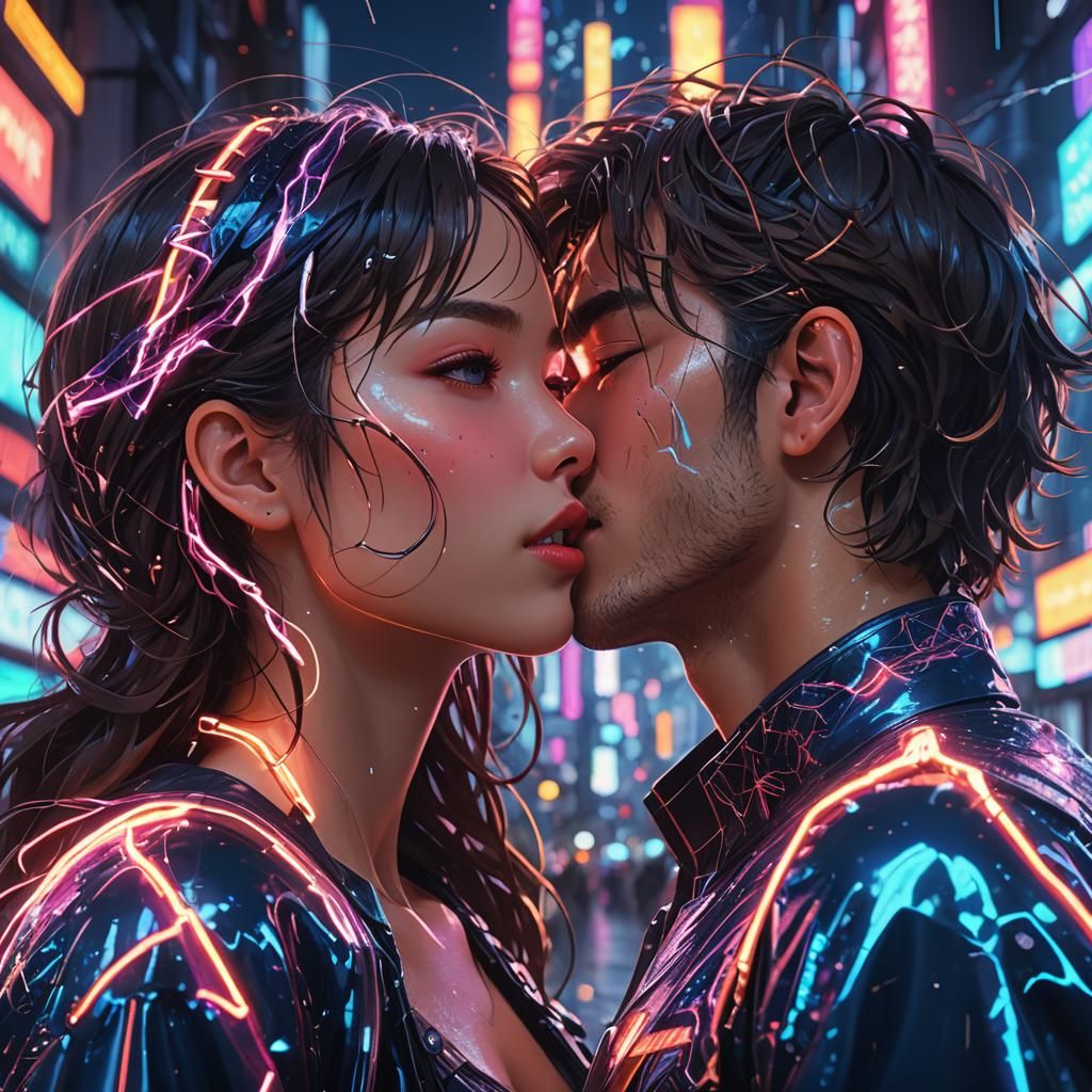 Romantic Anime Woman Blows Electric Kisses in Neon City