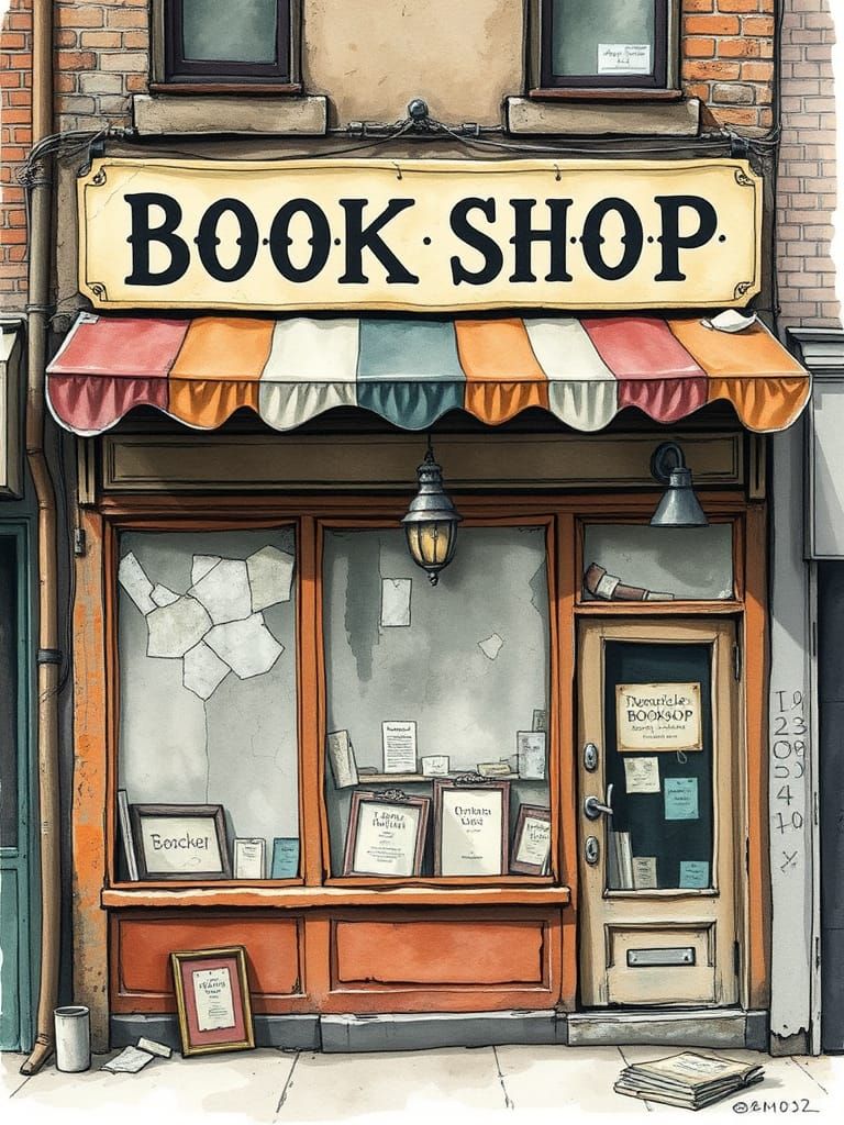 Leaning Bookshop in Distressed Watercolor Style