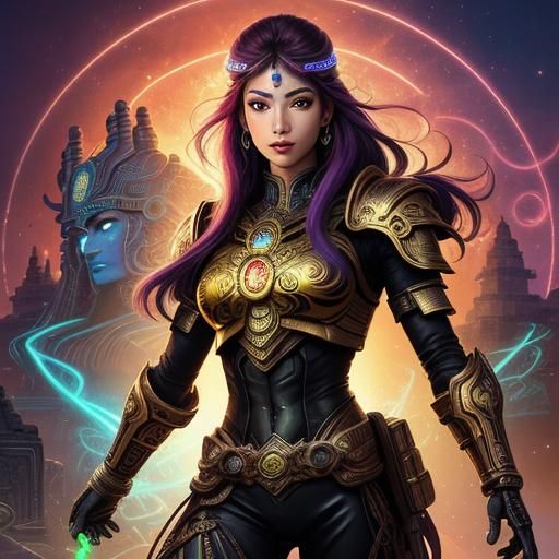 Cyborg Warrior in Aztec Temple, 80s Anime Style