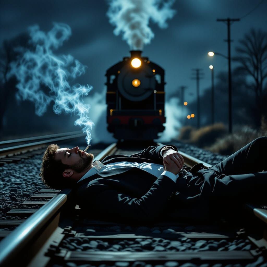 Man on Train Tracks Checks Watch as Train Approaches