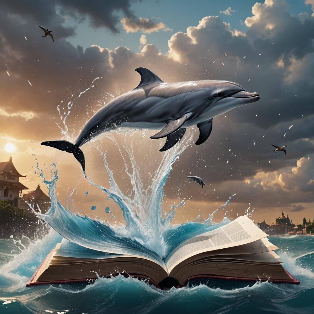 Open book with water splashing out and a dolphin jumping