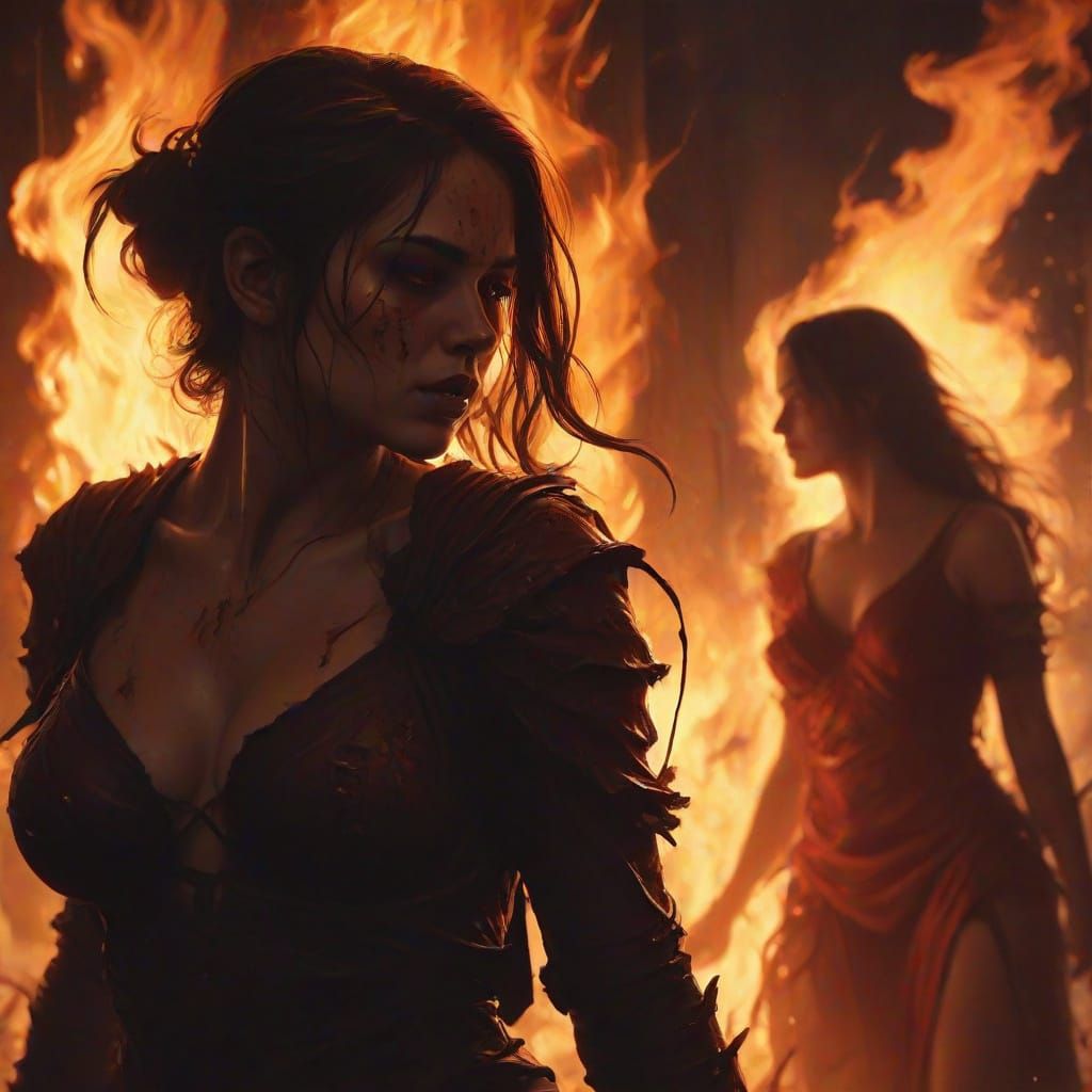 Female Sinners Burning in Hell: A Dark Fantasy Painting