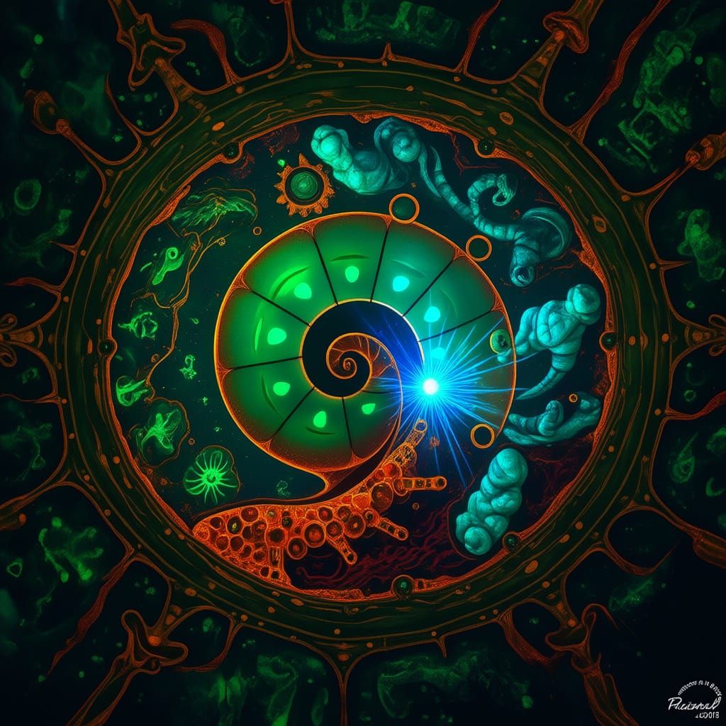 Bioluminescent Microscopic Life in a Cell, Emerald Green and...