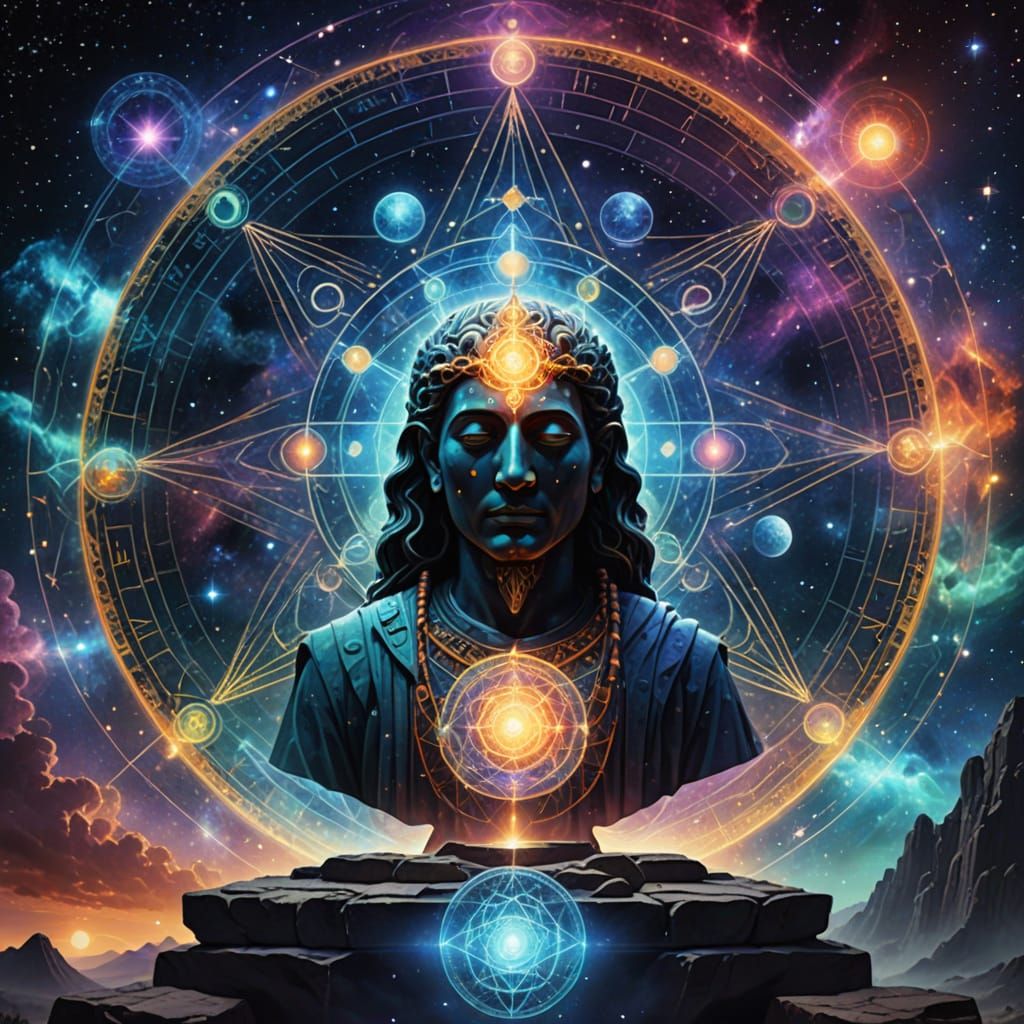 Ancient Astral Illustration in Holographic Style