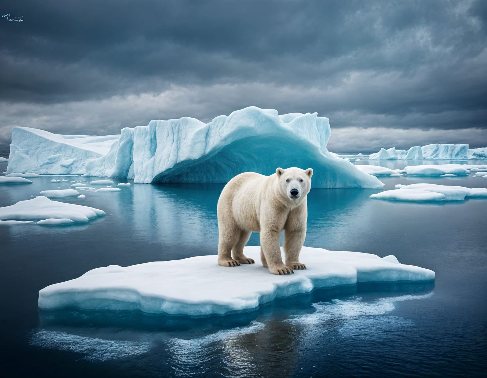 Sad Polar Bear on Melting Ice Floe
