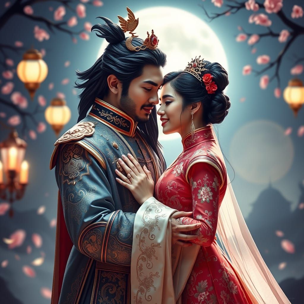 Asian Beast and Beauty in Moonlit Fairytale Art