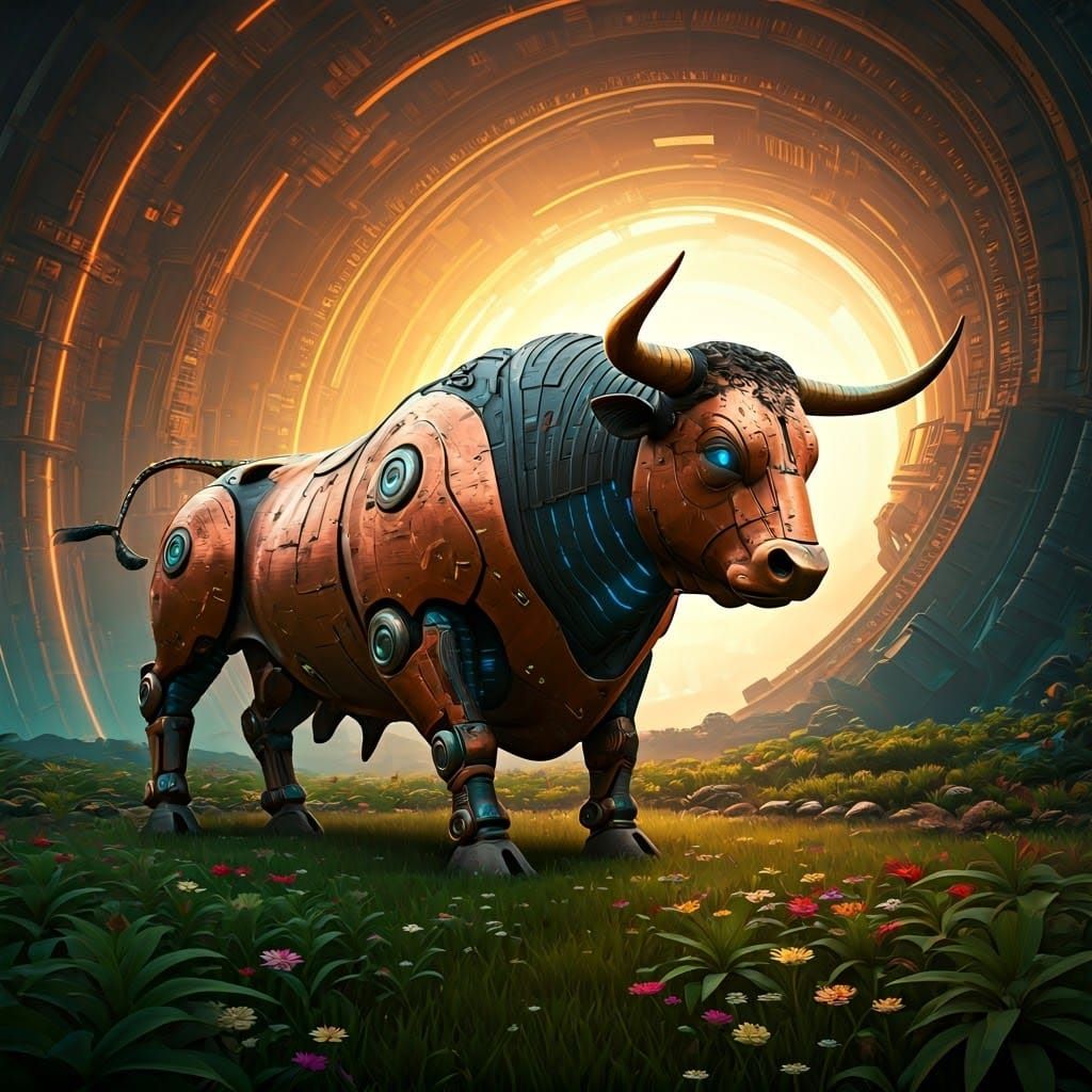 Majestic Robotic Bull in Dreamlike Landscape