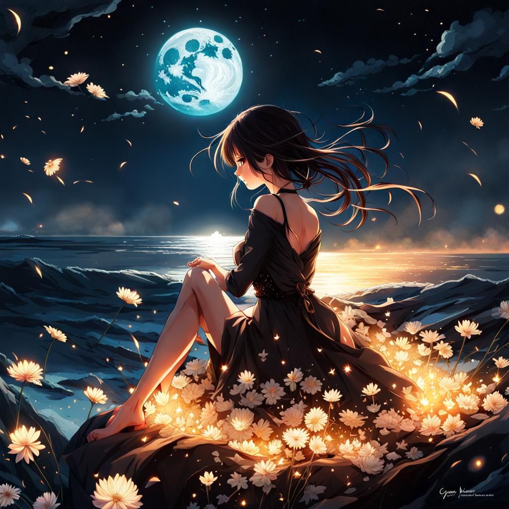 Noir Anime Girl Gazing at Falling Stars