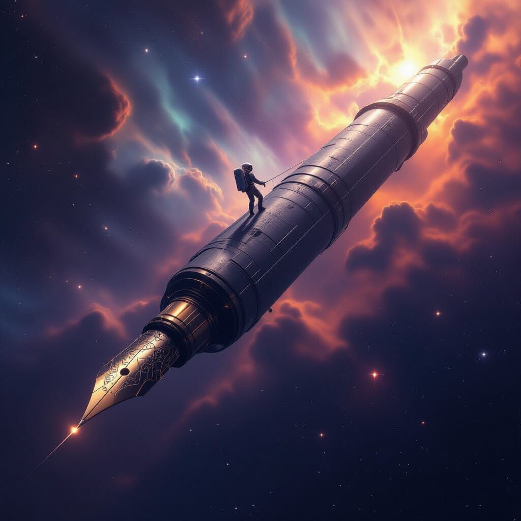 Astronaut Adrift Near Giant Quill Space Station