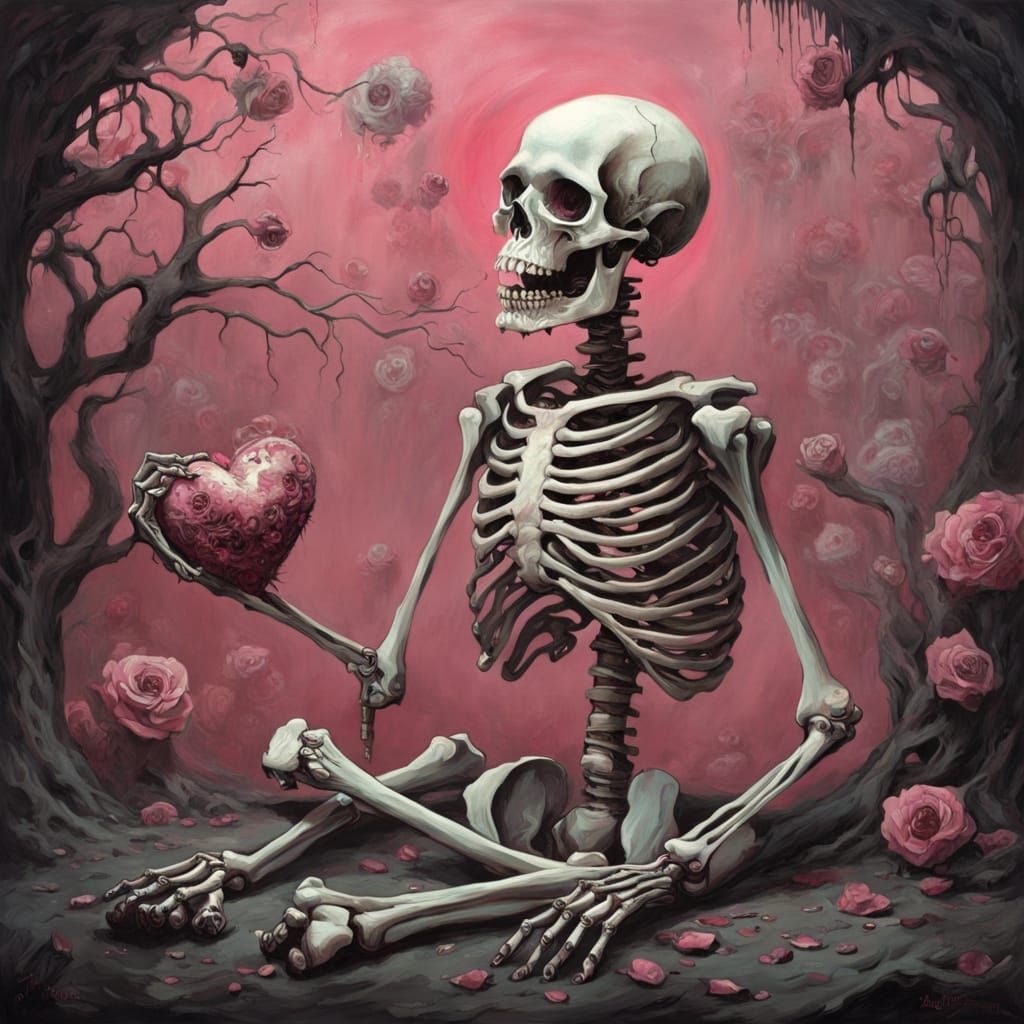 Surreal Skeleton Offers Beating Heart in Horror Oil Painting