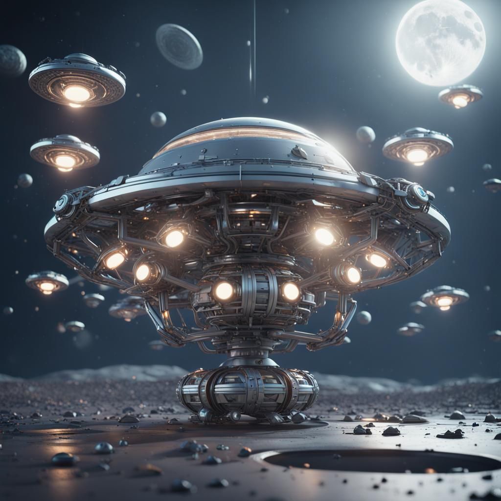 Full Moon with Flying Saucers in Sci-Fi Style