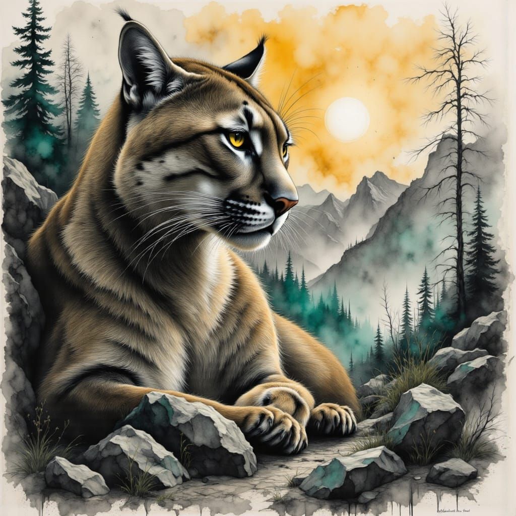 Majestic Cougar in Charcoal and Ink