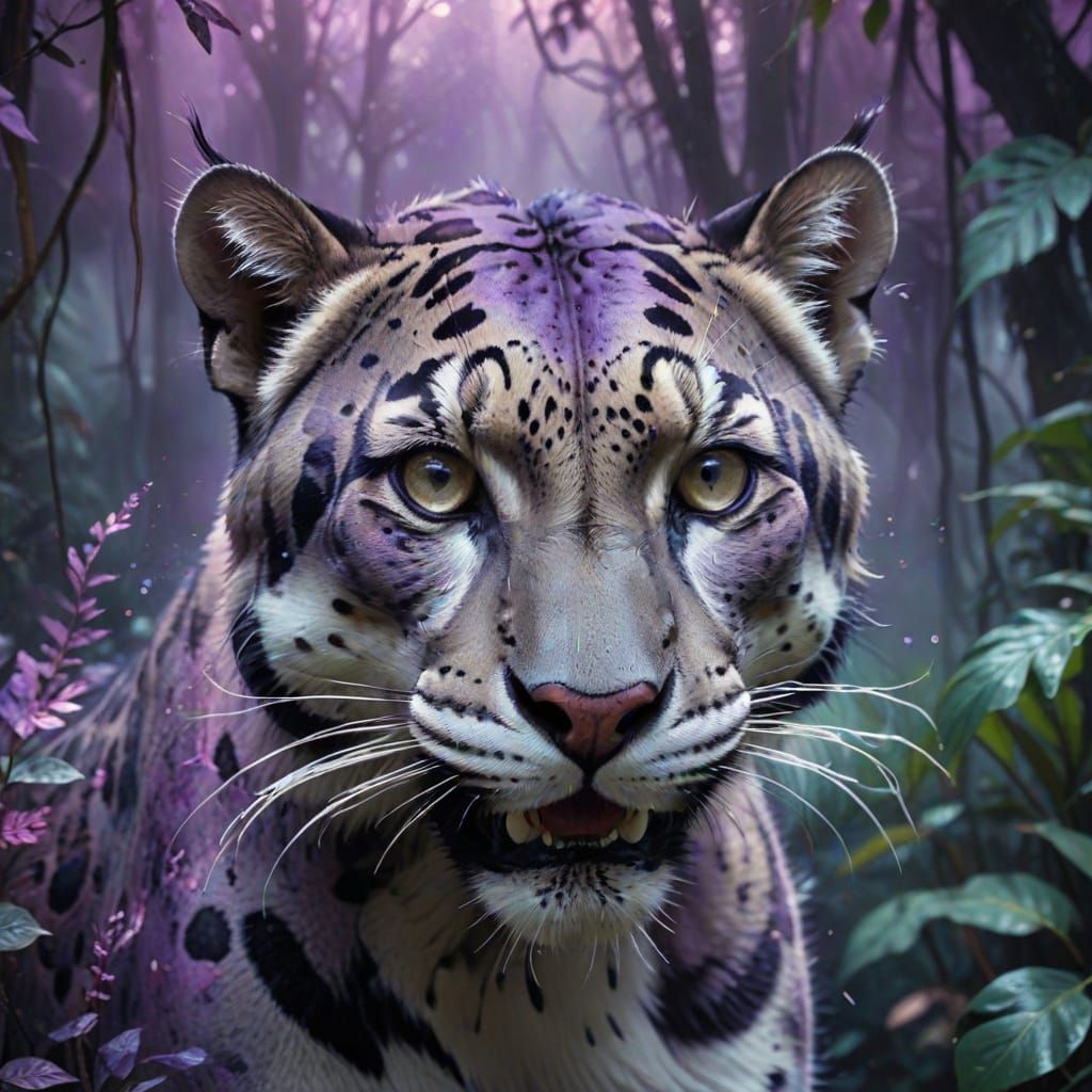 Dreamy Clouded Leopard Portrait in Vibrant Purple and Silver