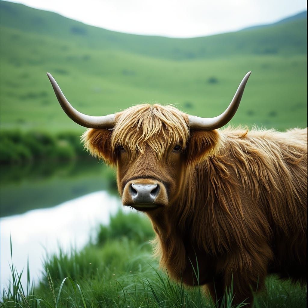 Majestic Highland Cow Basks in Tranquil Meadow Scene