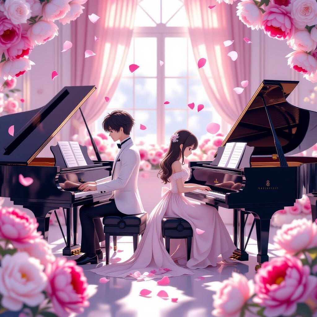 Peonies Waltz Around Grand Pianos in 3D Anime Art