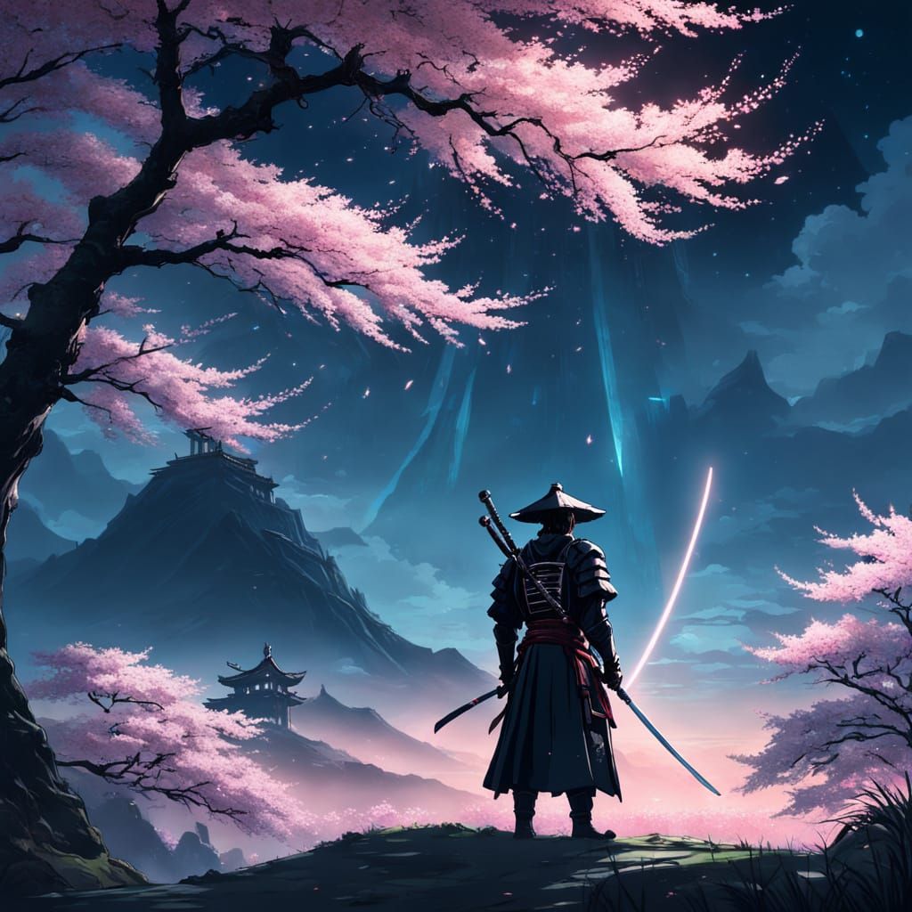 Samurai Under Bioluminescent Cherry Tree in Anime Style