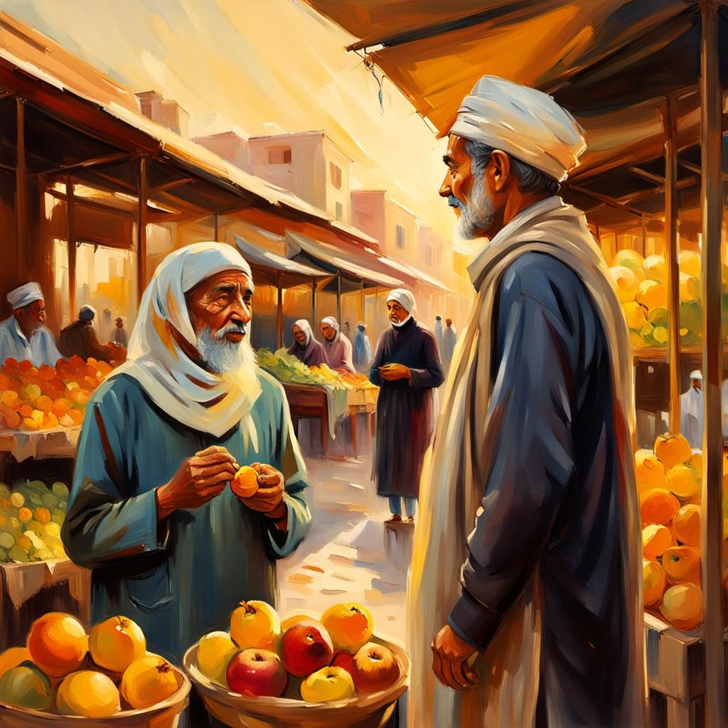 Impressionistic Painting of Muslim Couple at Market