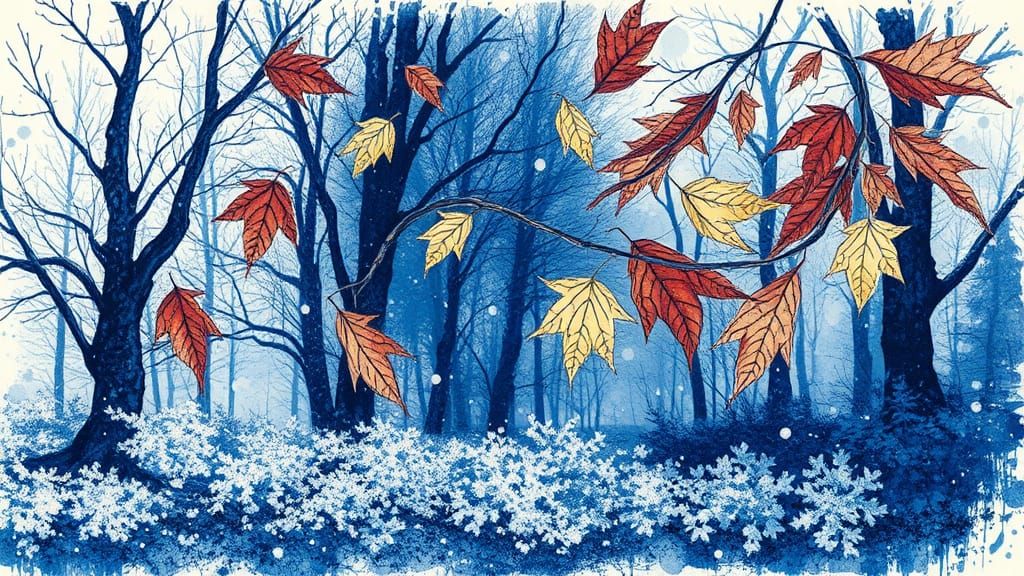 Autumn Leaves Fall in Frost: Blue Ink Drawing