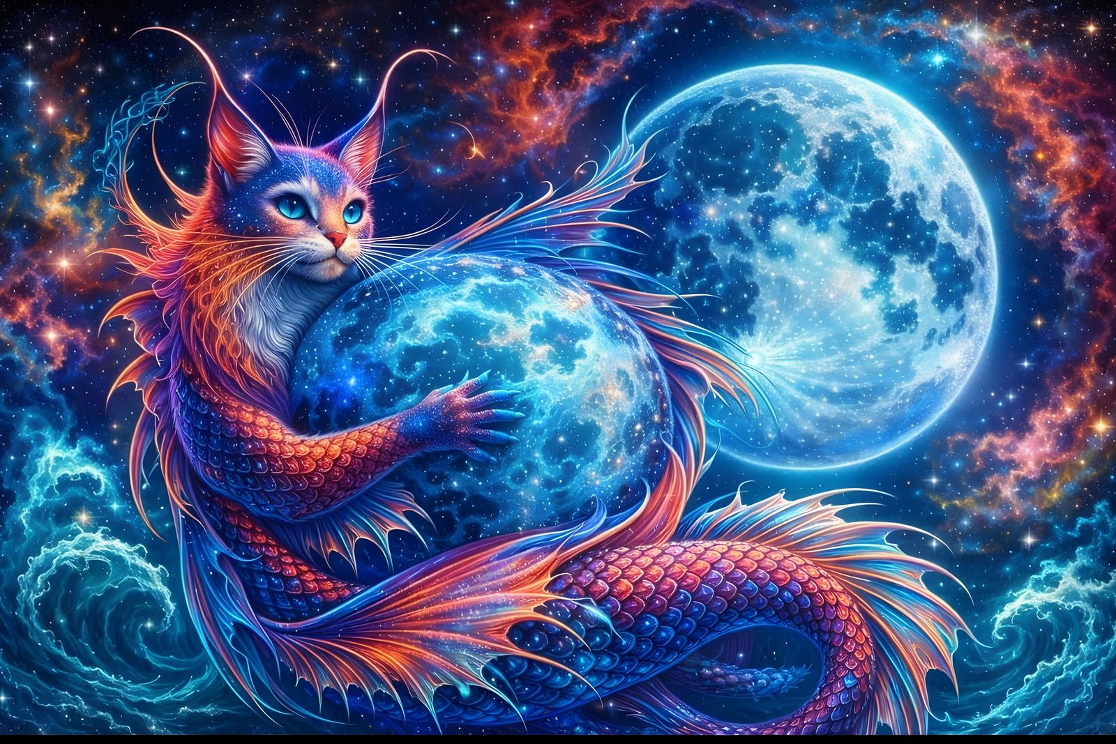 Mythical Cat-Mermaid Wraps Around Moon in Nebula