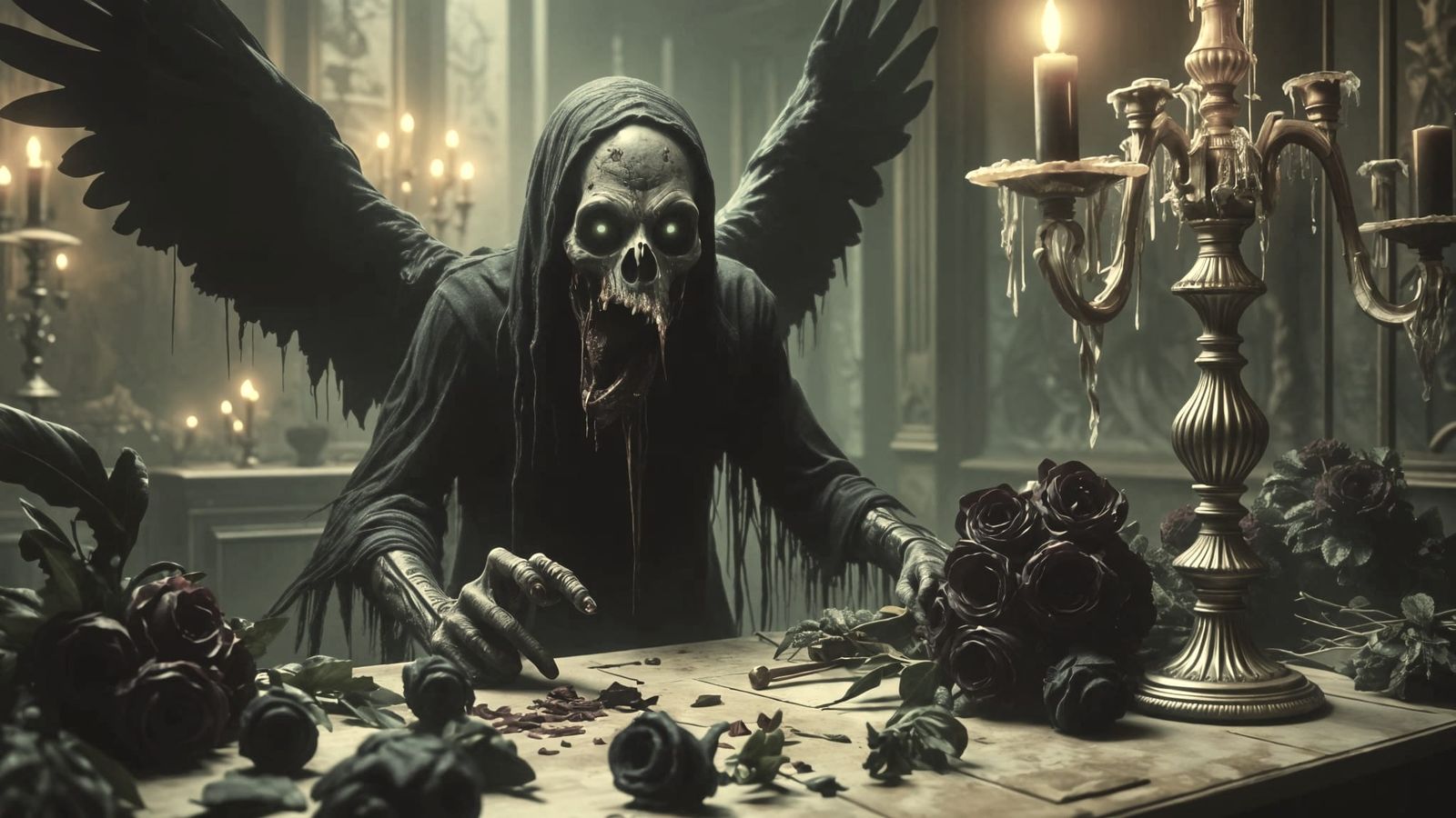 Macabre Raven Mortician in Gothic Horror Scene