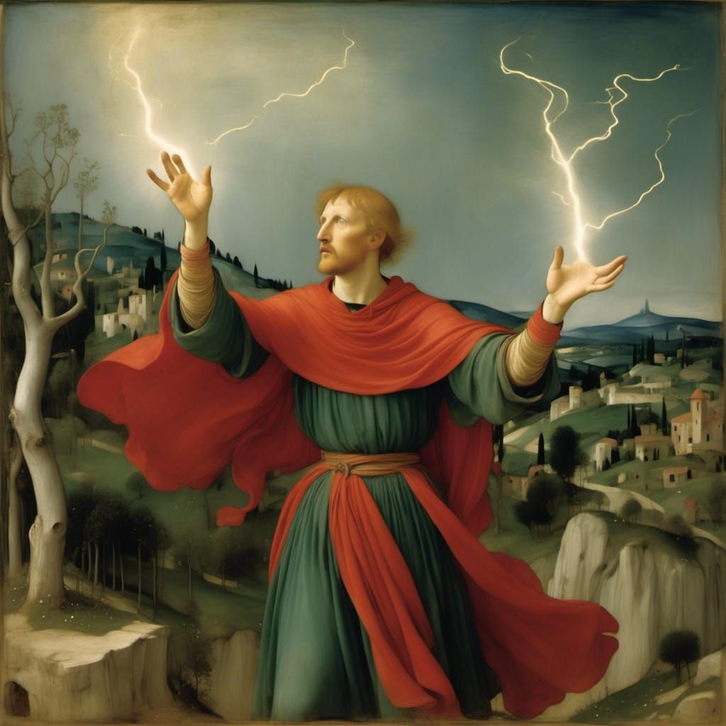 Sorcerer Conjuring Lightning in Medieval Style