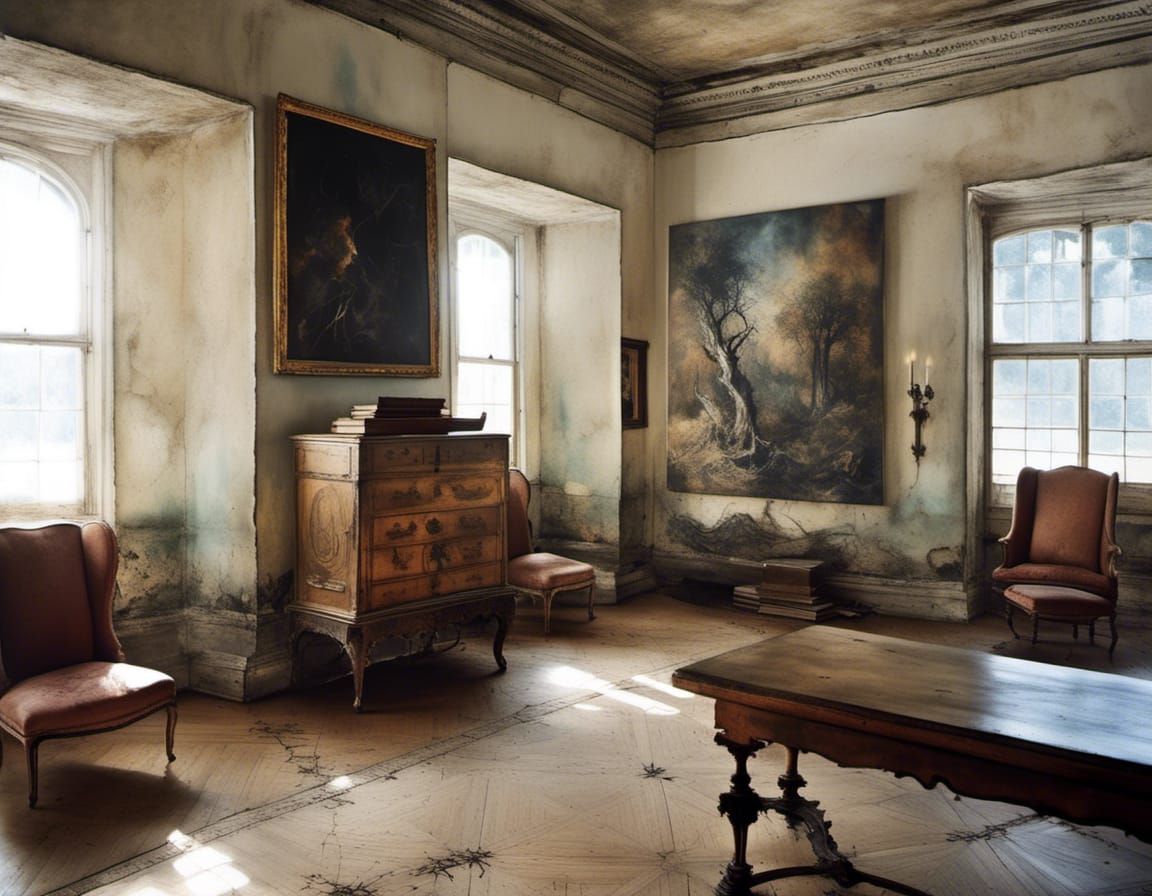 Elegant Room with Forest Tapestry, Watercolor Style