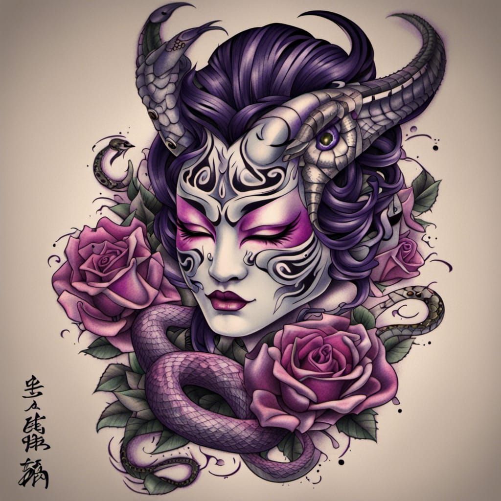 Geisha Tattoo Design with Oni Mask and Dragon