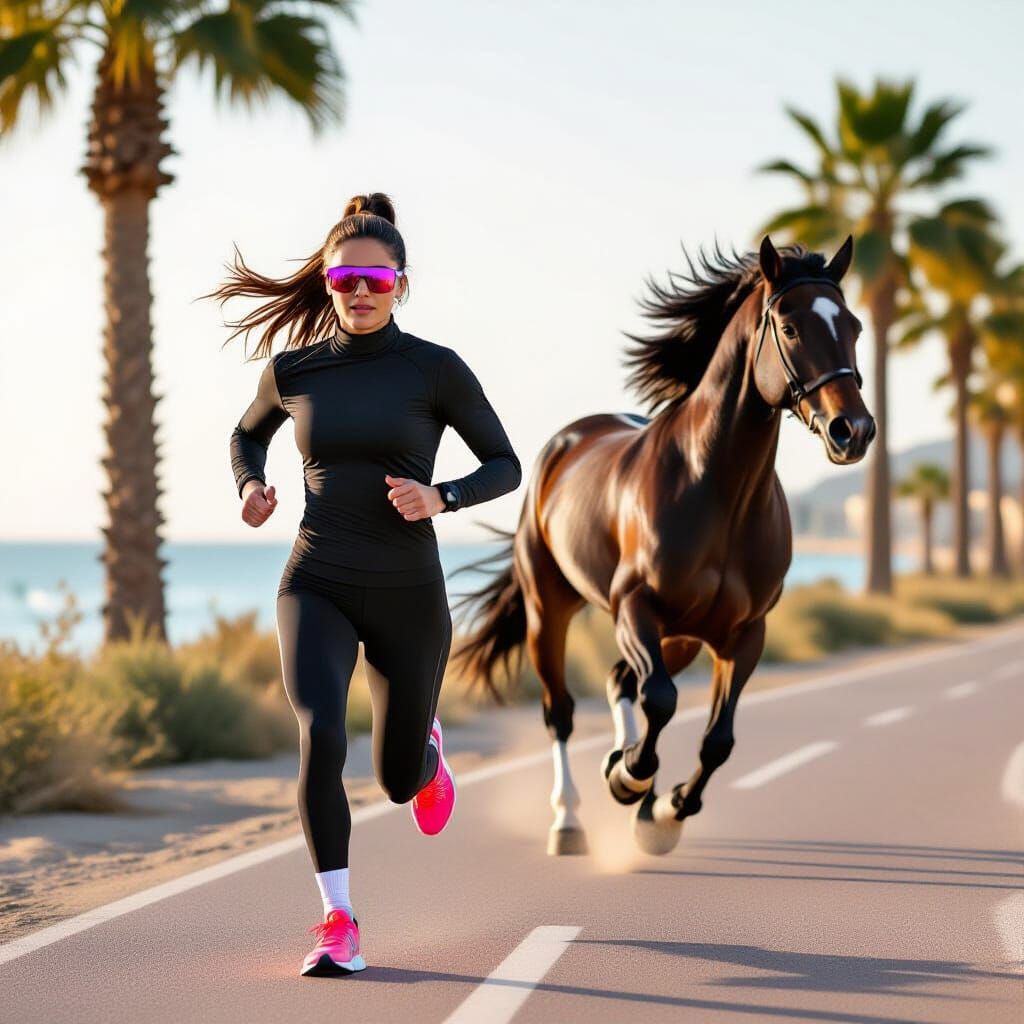 Fit Woman Races Black Horse by Red Sea in Golden Hour