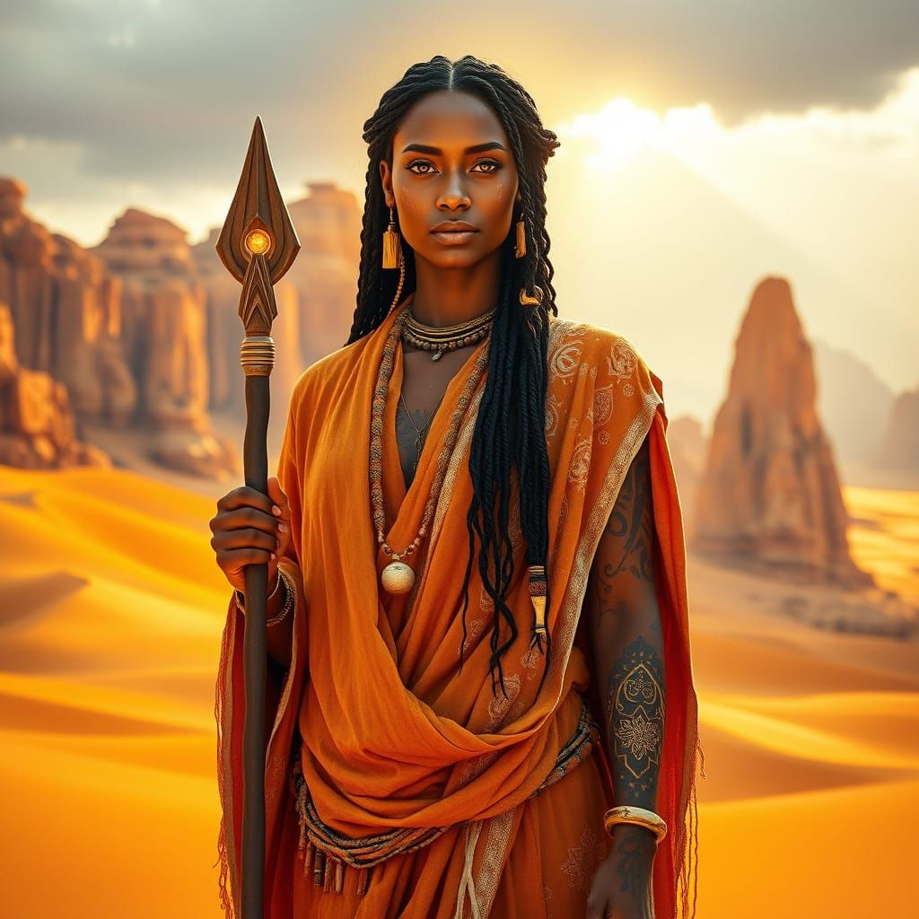 Ancient Desert Wisdom Keeper in Vibrant, Ethereal Beauty