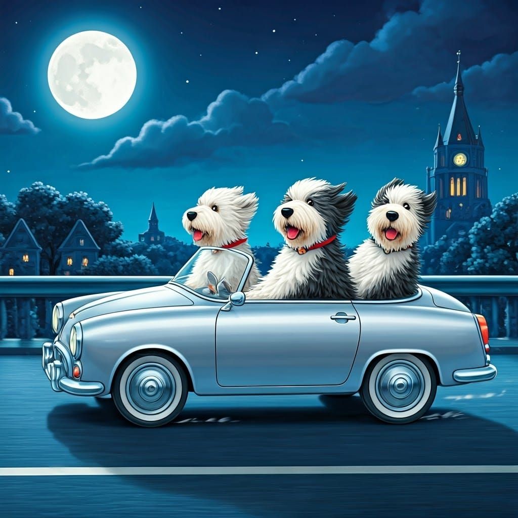 Whimsical Old English Sheepdogs Speed Toward the Viewer in a...