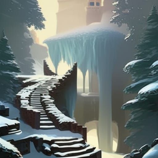 Winter Castle Stairway Oil Painting