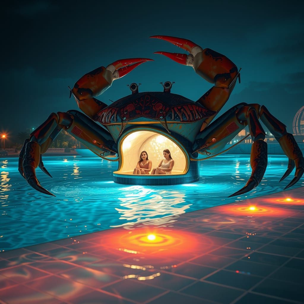 Surreal Crab Carries Jacuzzi in Futuristic Landscape