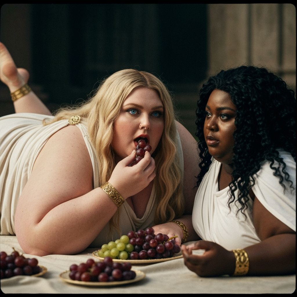Fat Roman Priestesses Eating Grapes in Cinematic Style