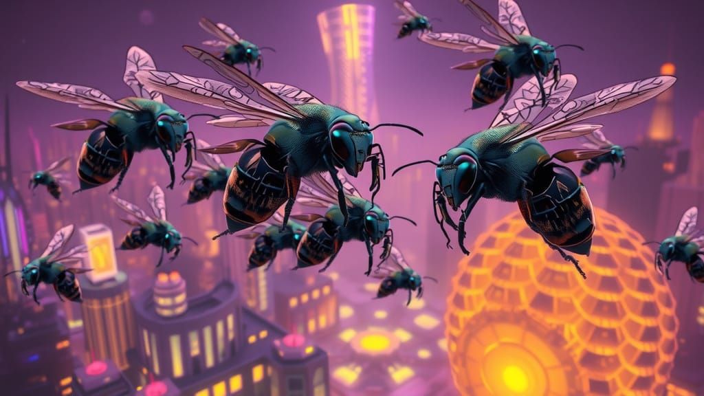 Cybernetic Bees Converge on Futuristic City-Sat in Neon Dyst...