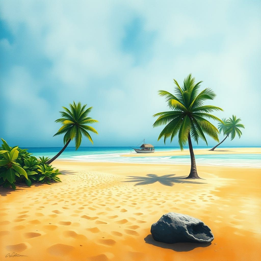 Summer Beach Fantasy in Gouache and Watercolor Style