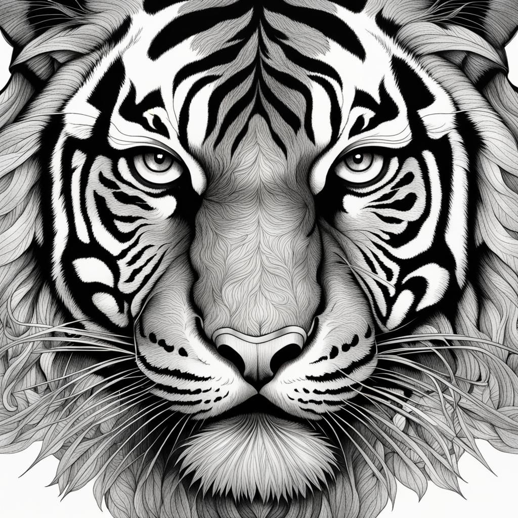 Intricate Tiger Face Line Art for Coloring Page