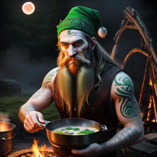 Stunning Celtic lovely jester entirely covered with traditional Celtic tattoos and cooking soup in the pot over a bonfir...