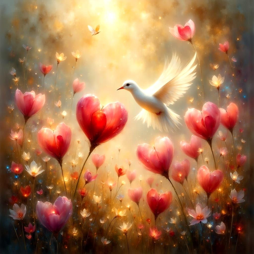 Ethereal Dreamscape with Hearts, Doves and Golden Light