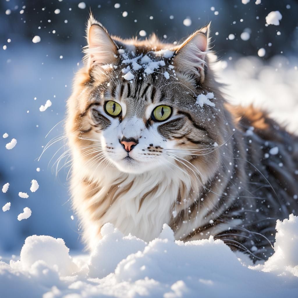 Cat's Joyful Playtime in Winter Snow