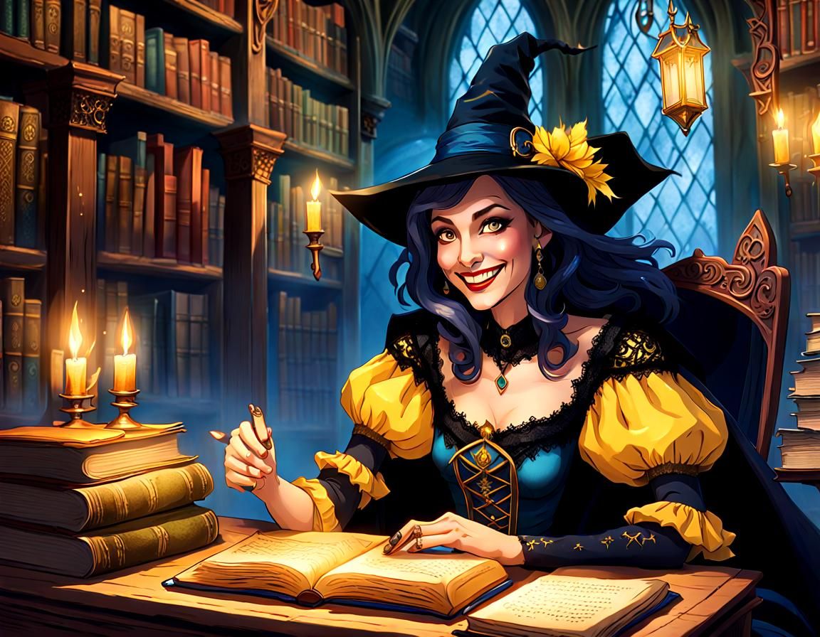 Gothic Witch Studying Spellbook in Steampunk Style