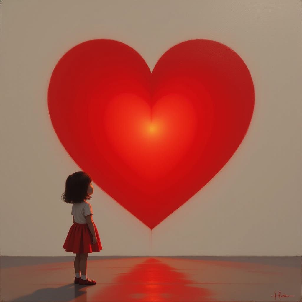 Girl Gazes at Luminous Red Heart in Surrealist Style