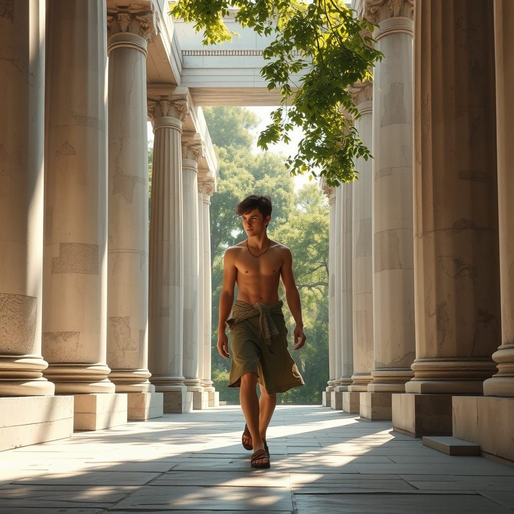 Greek Teenager Walks Through Classical Temple in Serene Atmo...