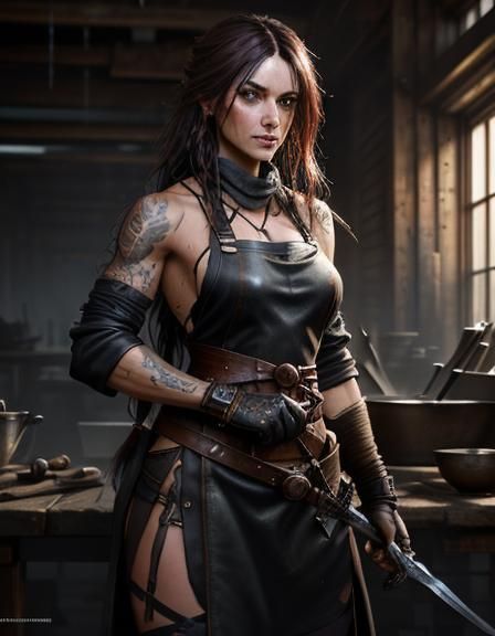 Alluring Blacksmith Woman Forging in Fantasy Style