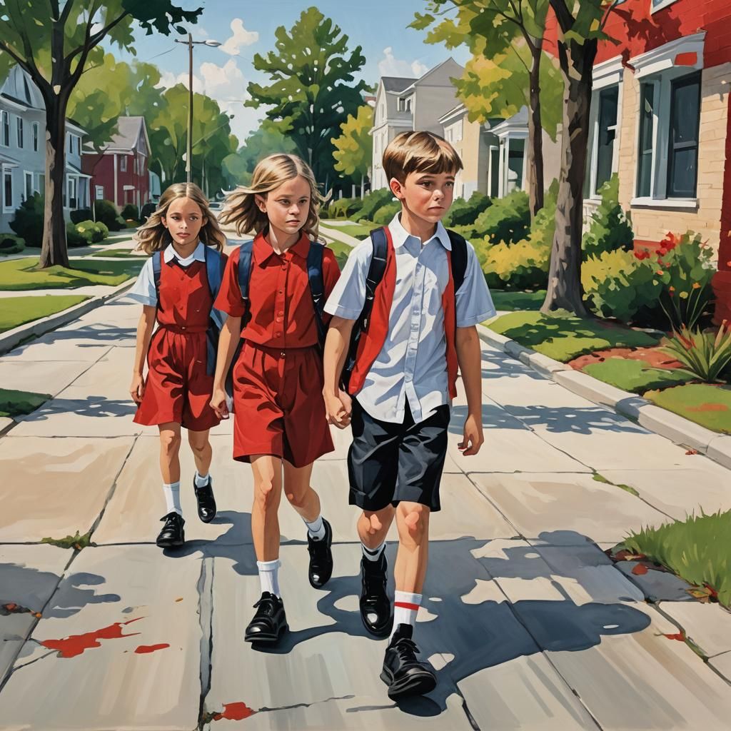 Children Walking to School in Abstract Art Style