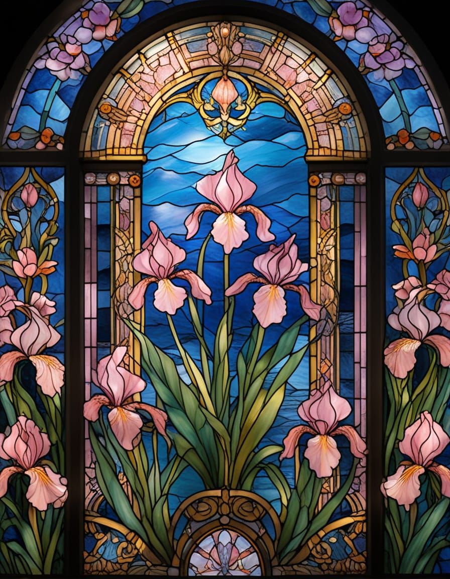 Pink Iris Stained Glass Artwork with Gold Lead Lines