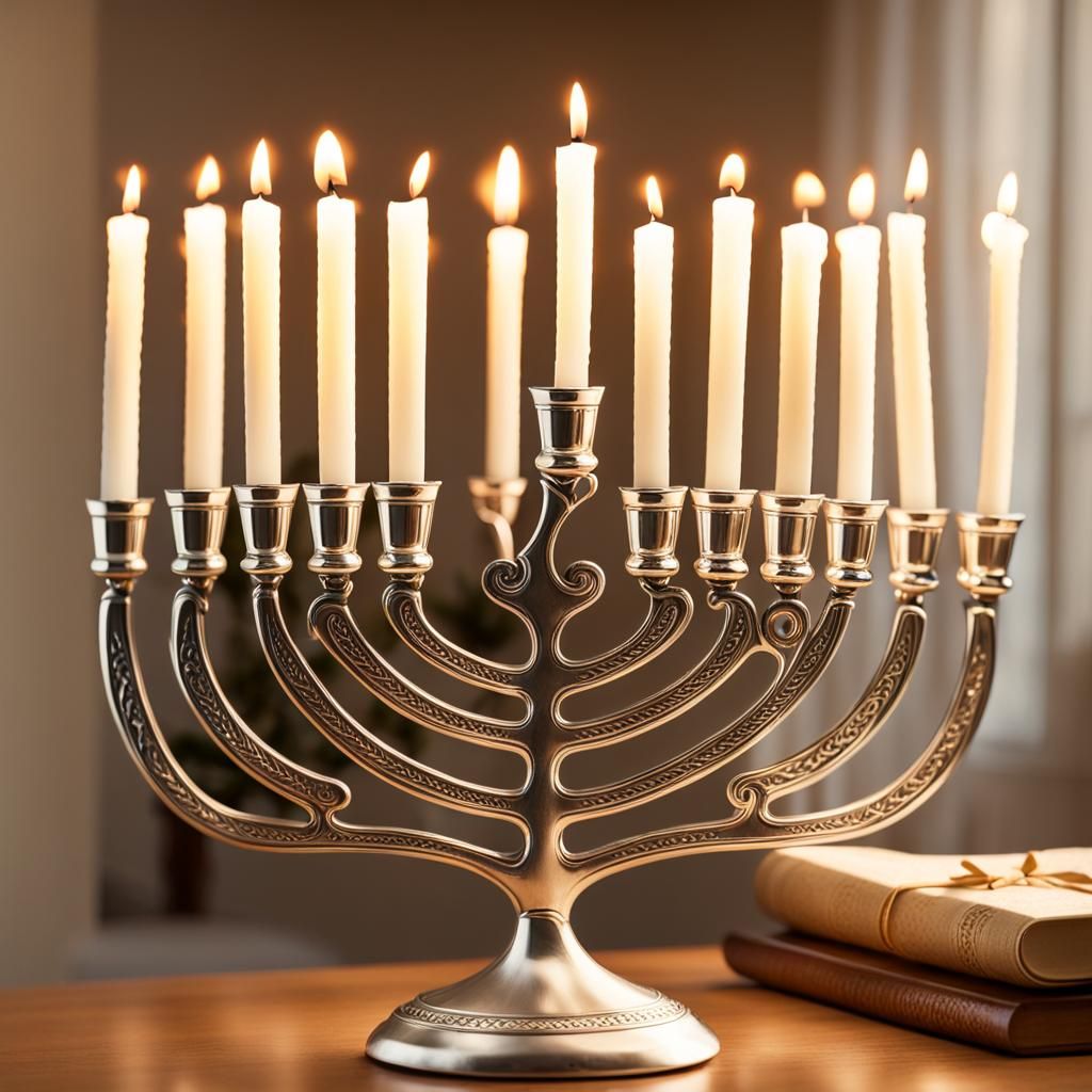 Warm Silver Menorah Illuminated by Soft Golden Light